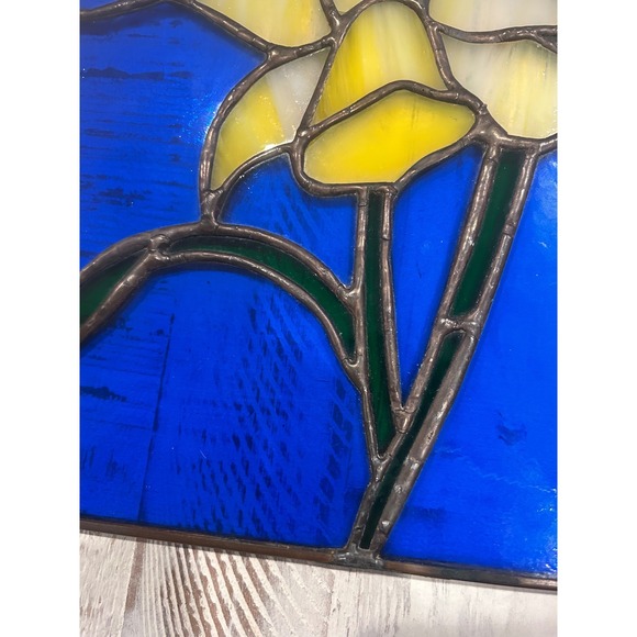 Stained Glass Daffodil Floral Sun Catcher Blue Yellow Green Square Panel - Picture 4 of 6